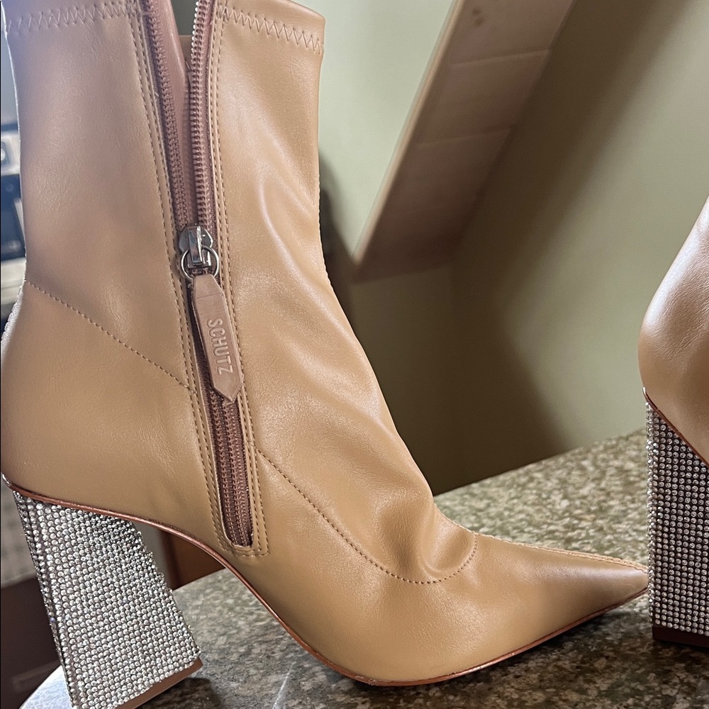 Schultz Elegant Tan Ankle Boots with Rhinestone Heels - Picture 2 of 3